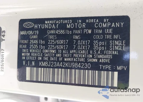2019 Hyundai Tucson Se z USA, uszkodzony, nr VIN KM8J23A42KU984230